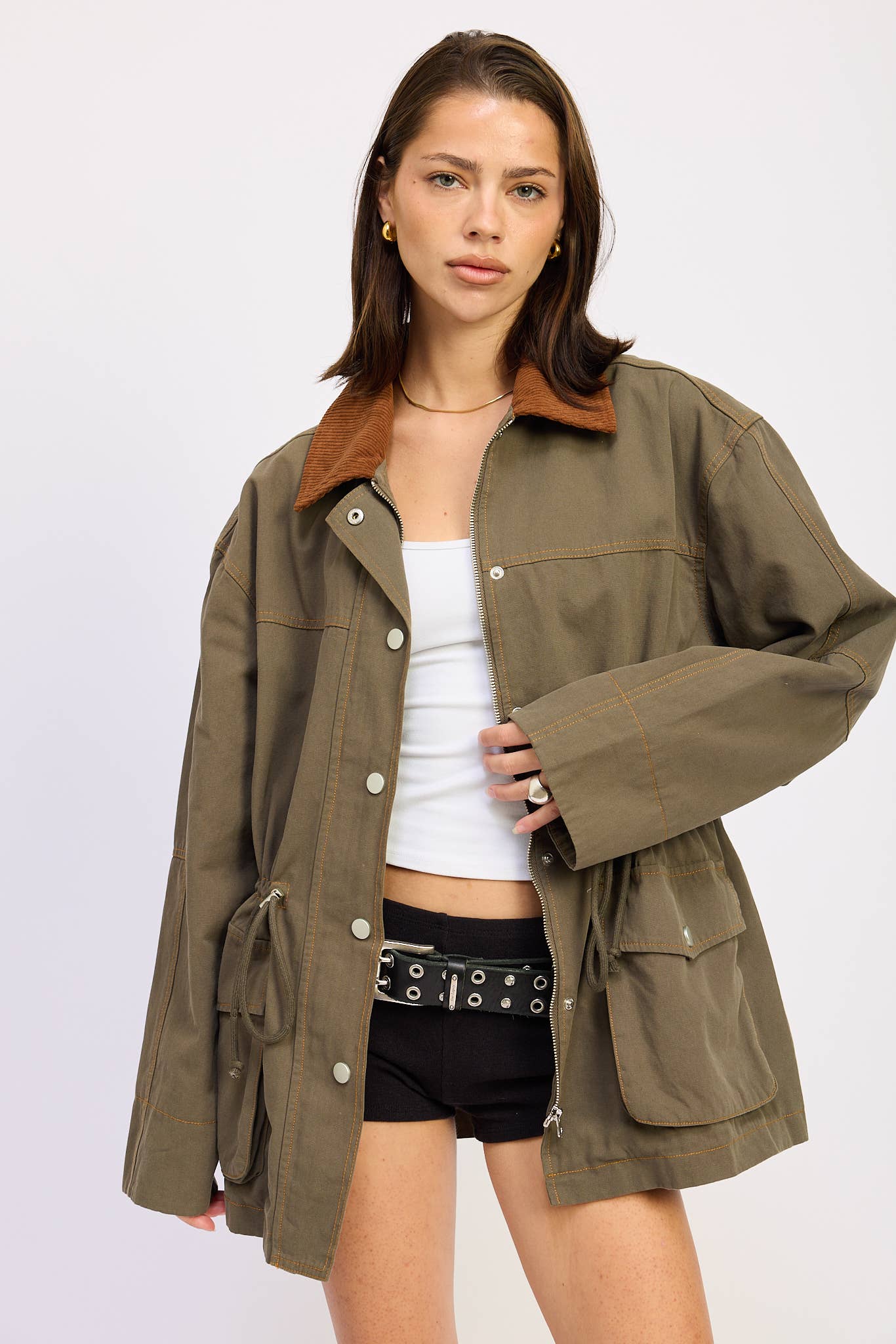 OLIVE PANELED CHORE JACKET WITH WAIST TIE for wholesale on Faire