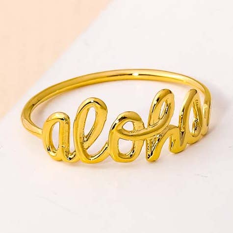 Gold Dipped Delicate Handwritten Aloha Ring for wholesale by Anarchy Street