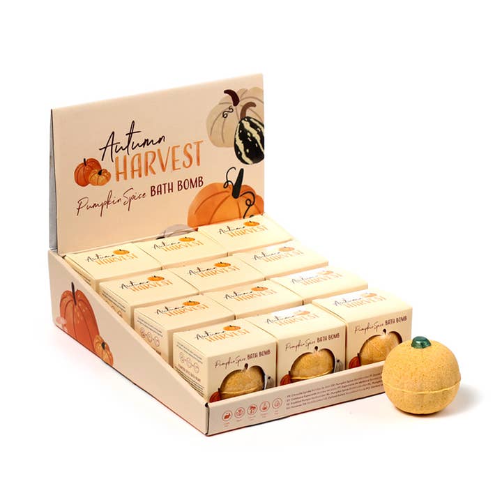 Badekugel in Kürbisform mit Pumpkin Spice Duft in Geschenkbox – Autumn Harvest für den Großhandel von Puckator Ltd