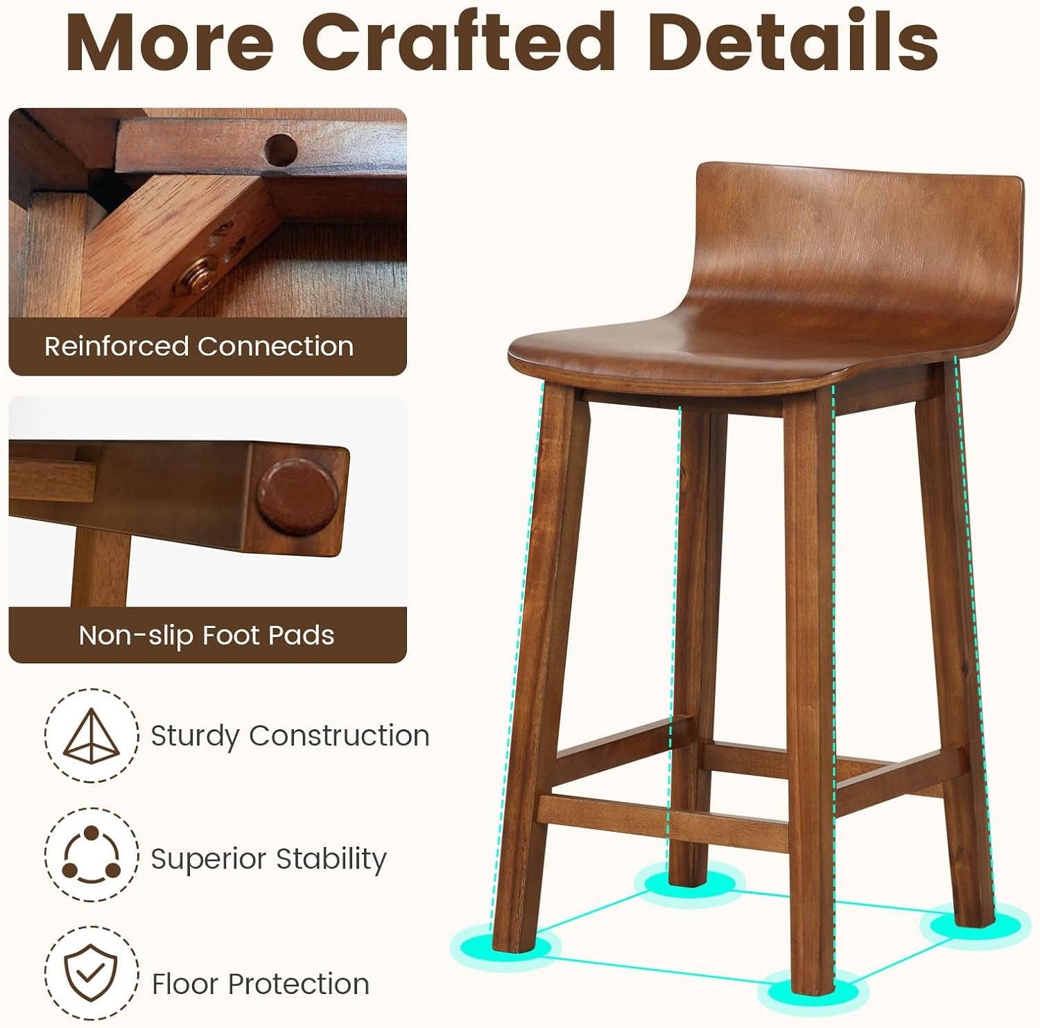 24.5 Inch Counter Height Farmhouse Wooden Bar Stool Set Of 2 With Brown Footrest And Low Back for wholesale on Faire6