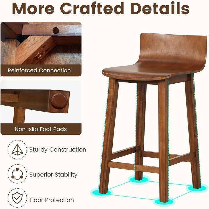 24.5 Inch Counter Height Farmhouse Wooden Bar Stool Set Of 2 With Brown Footrest And Low Back for wholesale on Faire6