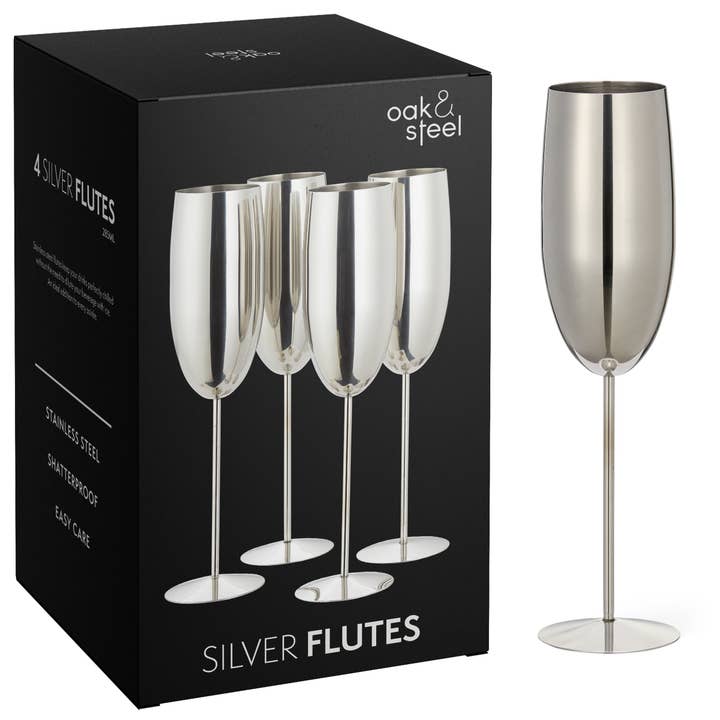 4 Silver Champagne Flutes for wholesale by Oak & Steel