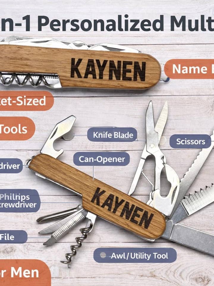 Personalized Wooden Multi Tool | 10 in 1 Pocket Knife | Custom Engraved Name Tool for wholesale by Crimson and Lace LLC