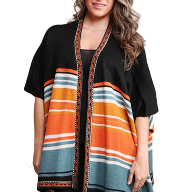 Hana - Wholesale Omslagdoek - Dames - Kleurrijke gestreepte warm gebreide Ruana sjaalomslag4