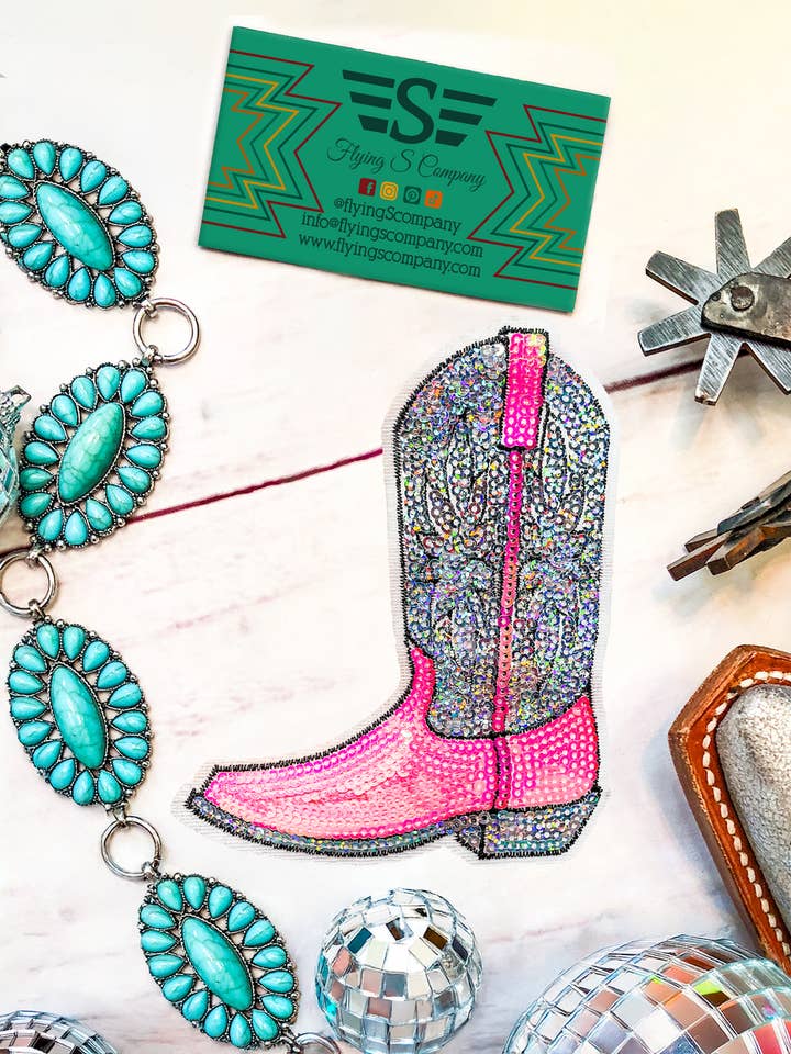 Toppa per berretto con paillettes a forma di stivale (solo toppa) per la vendita all'ingrosso da parte di Flying S Company