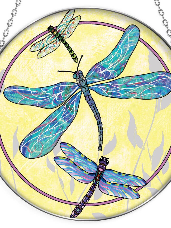 Dragonfly - 6.5" Large Glass Circle Suncatcher w/ Chain for wholesale by Bridgeton Hall