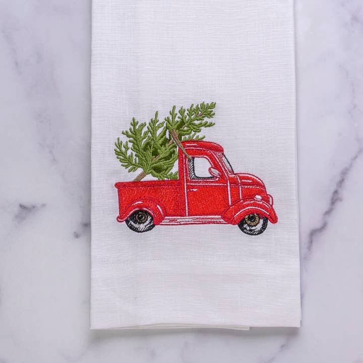 Tree Farm Truck Linen Towel - New for wholesale by Arte Italica & Crown Linen Designs