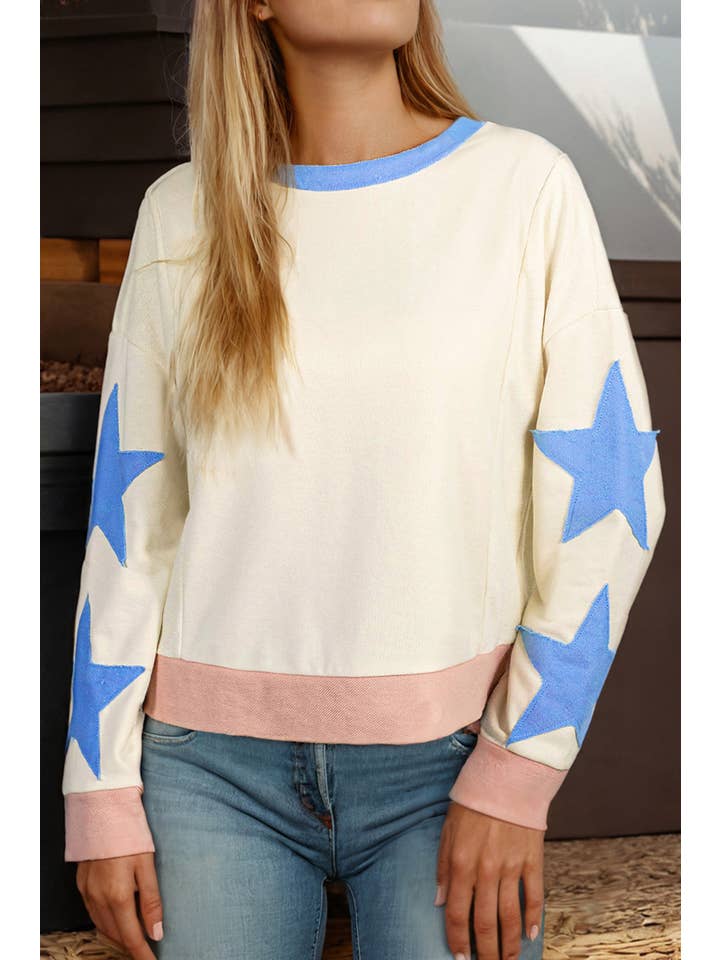66DISCO - Wholesale Sweatshirt - Women's - Star Print Long Sleeve Patchwork Oversized Sweatshirt (S-XL)