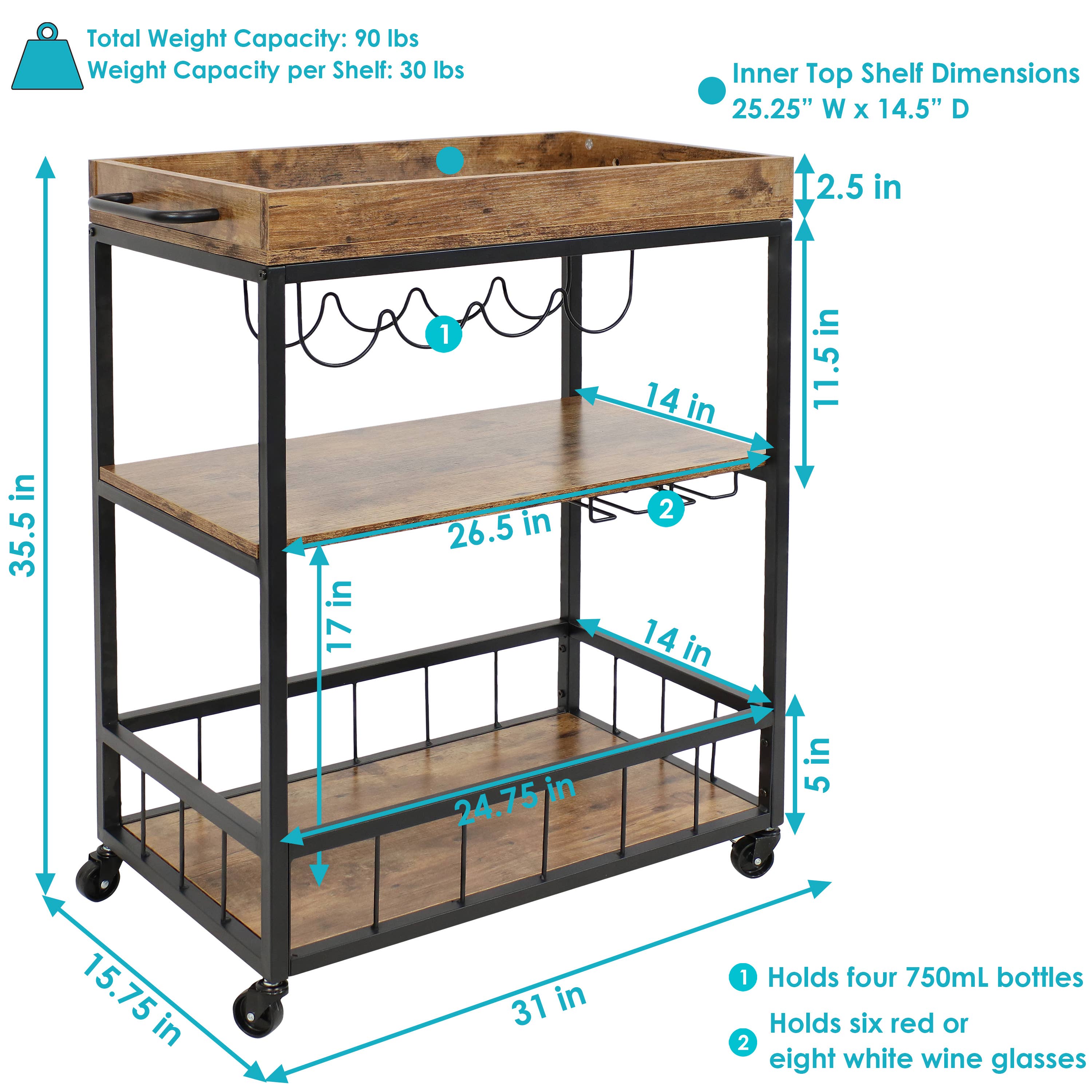 Sunnydaze Decor - Wholesale Bar Cart - 3-Tier Industrial Rolling Bar Cart with Wine Rack - 35 in3