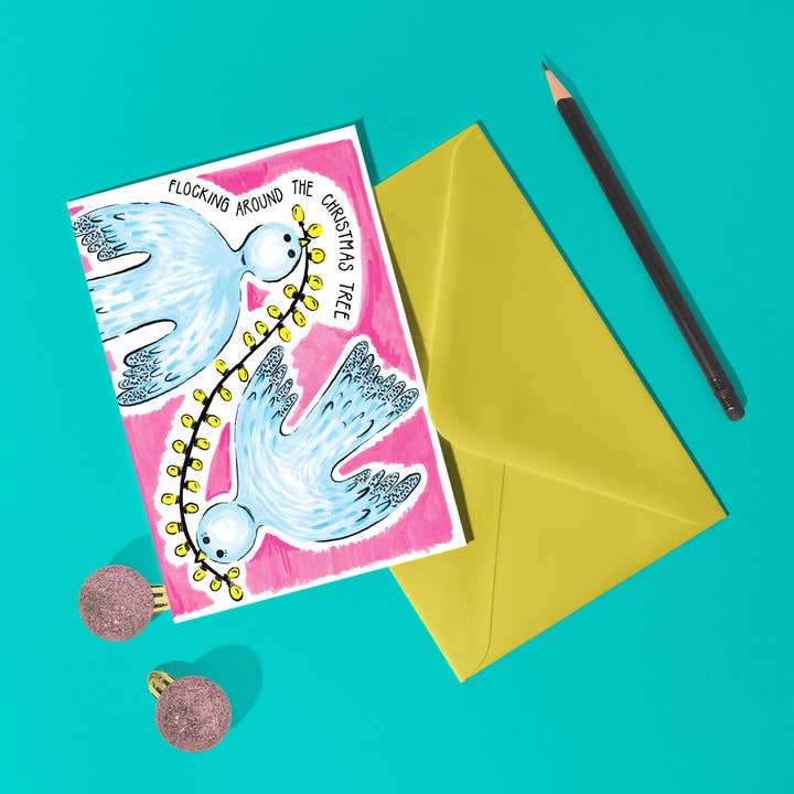 'Flocking Around the Christmas Tree' A6 Doves Christmas Card for wholesale by Don Design