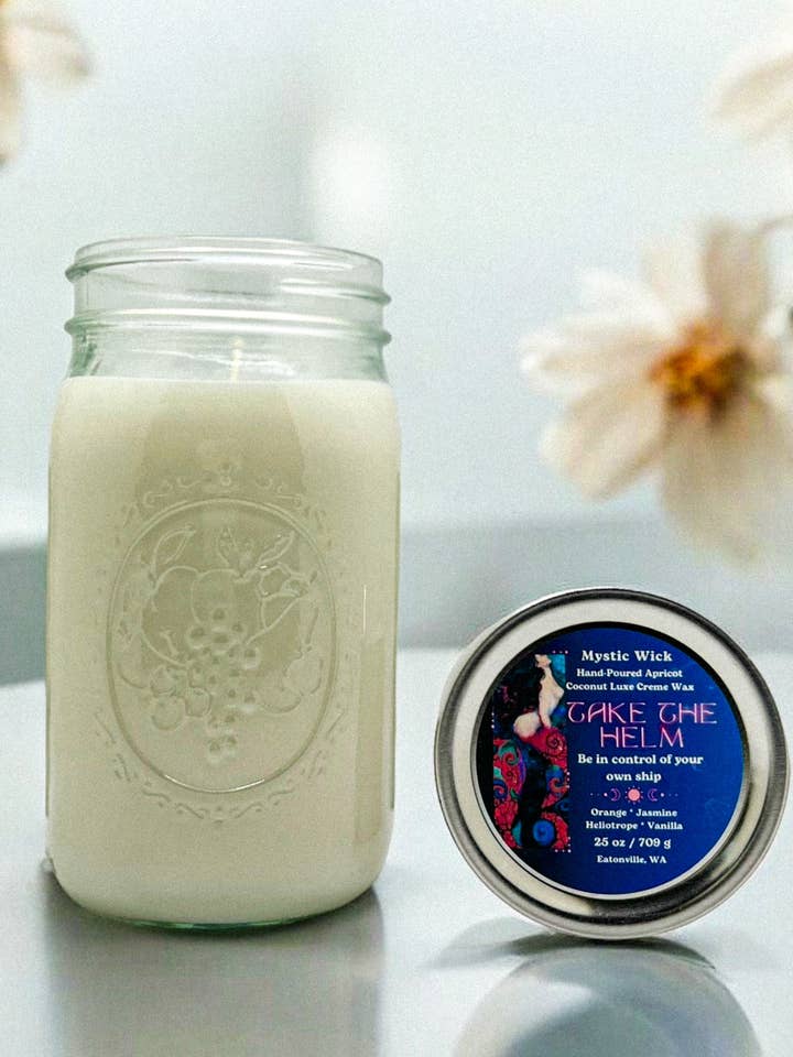 Vanilla Orchid - (Take The Helm) Cire d'abricot/noix de coco - Bougie en pot Mason 25 oz pour la vente par Mystic Wick LLC