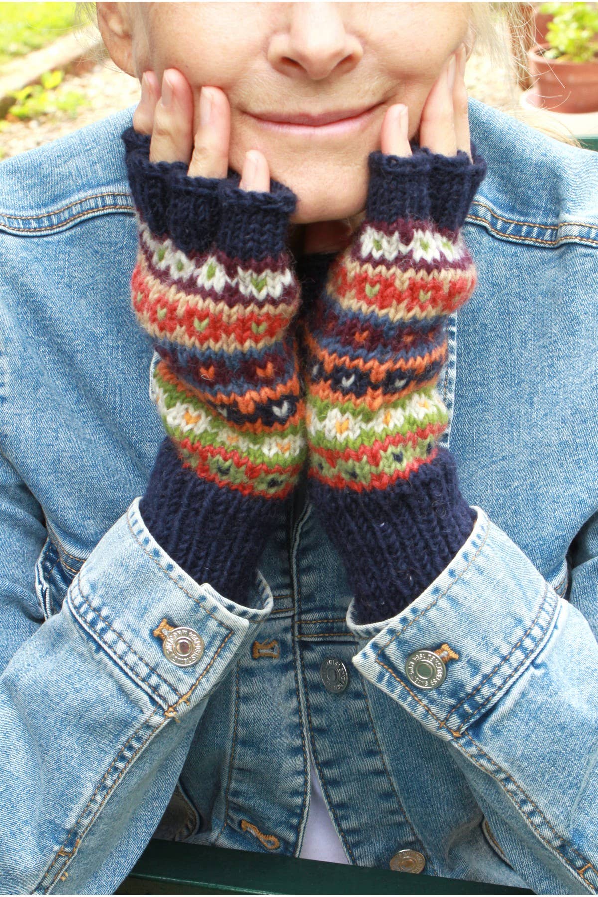 Un color Colorado - Guantes sin dedos de punto Fair Isle azul oscuro para mujer de venta al por mayor en Faire4