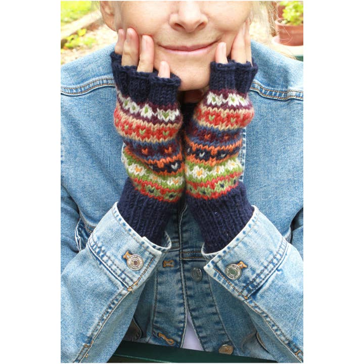 Un color Colorado - Guantes sin dedos de punto Fair Isle azul oscuro para mujer de venta al por mayor en Faire4