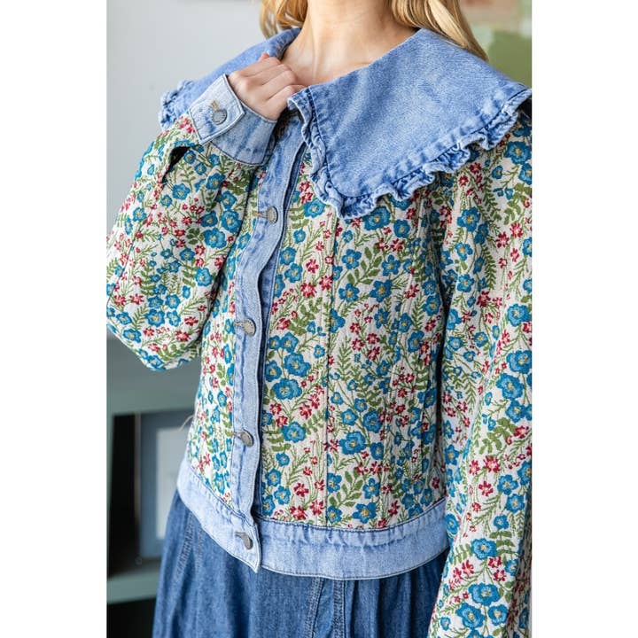 Vintage Jacquard Ruffle collar Denim Jacket for wholesale on Faire