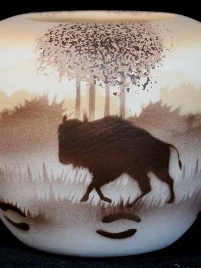 64016 Back Country Tracks Buffalo Mini Pot for wholesale by Cedar Mesa Pottery