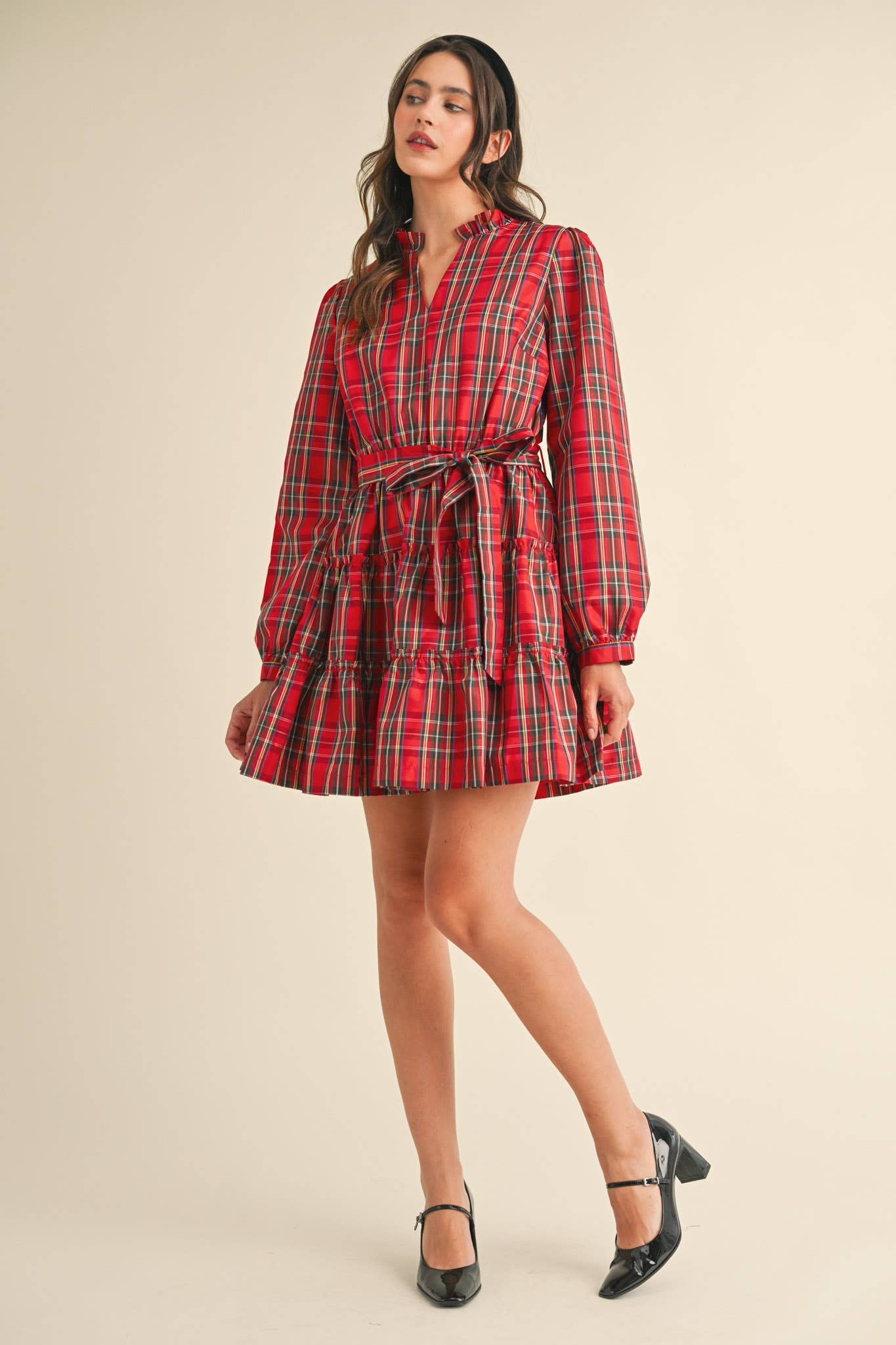 &MERCI - Wholesale Dress - Women's - PLAID MINI DRESS WITH TIERED RUFFLE TRIM MDR353820