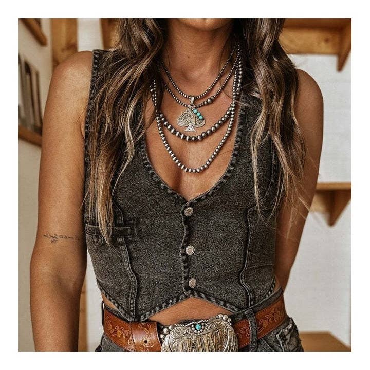 FurDecoration - Vente Veste sans manches – femme - Gilet en jean sans manches à col en V de couleur unie