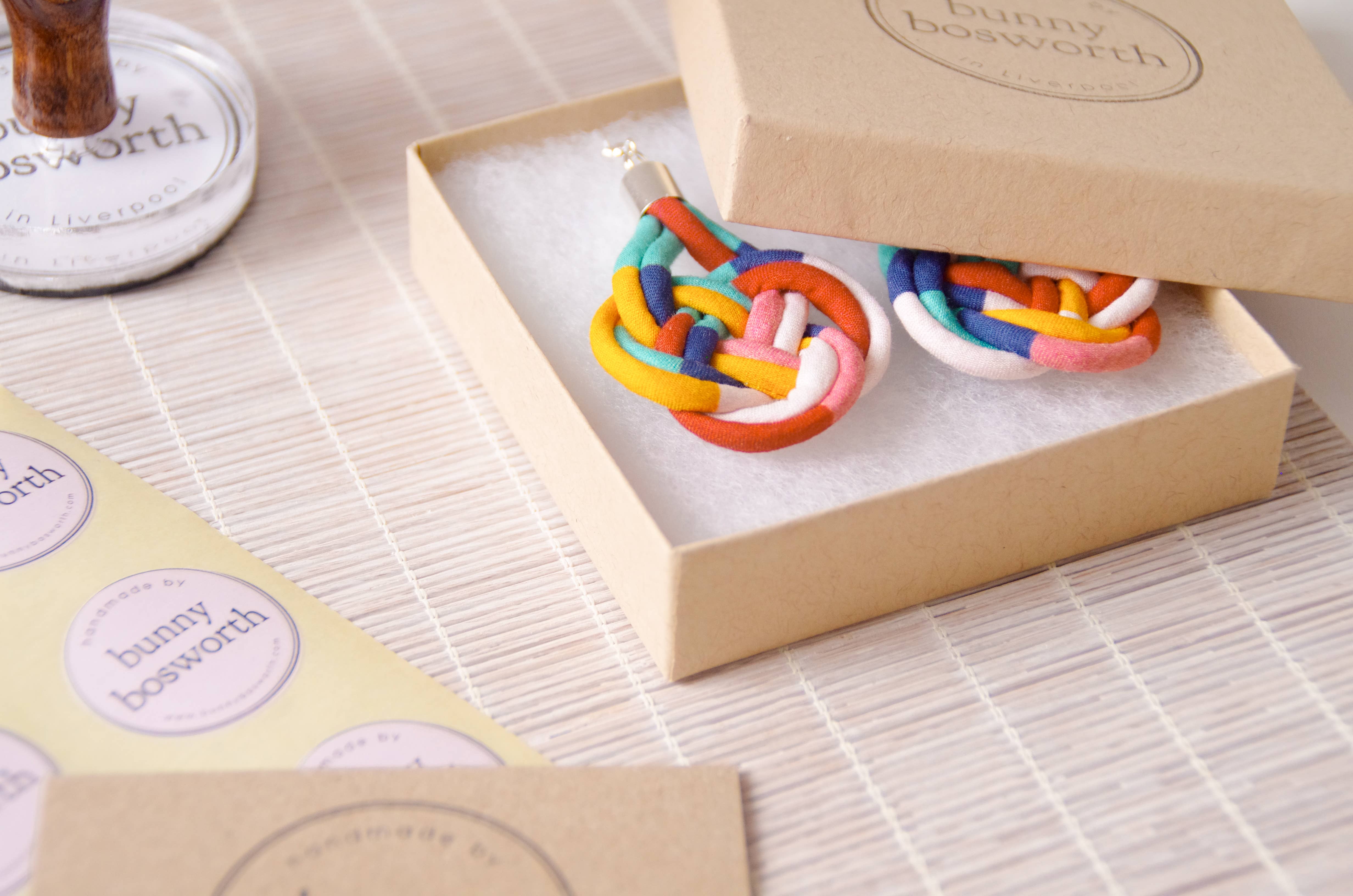 Bunny Bosworth – wholesale Dangle earrings – Large Colourful Fabric Knot Earrings - Fairground Follies13