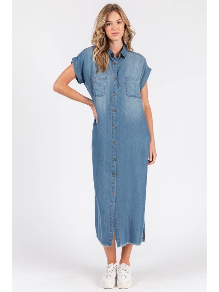 ZiA Apparel - Wholesale Dress - Women's - Short Sleeve Maxi Denim Dress- Denim