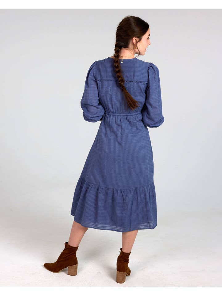 Cassidy Long Sleeve V-Neck Midi-Length Indigo Dress for wholesale on Faire