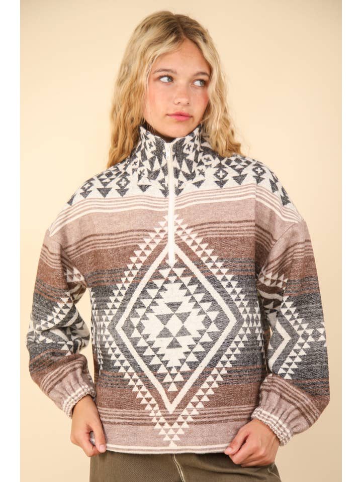 VERY J - Wholesale Sweatshirt - Women's - NT11854-Aztec Printed Henley Woven Pullover Top