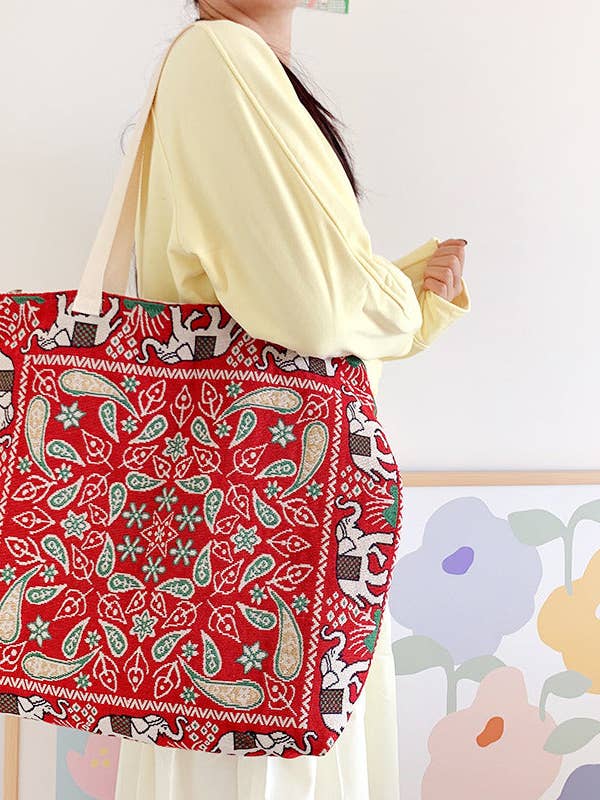 Vintage Bohemian Style Red Elephant Embroidery Tote Bag for wholesale by Funkyrel® Atzbranding Limited