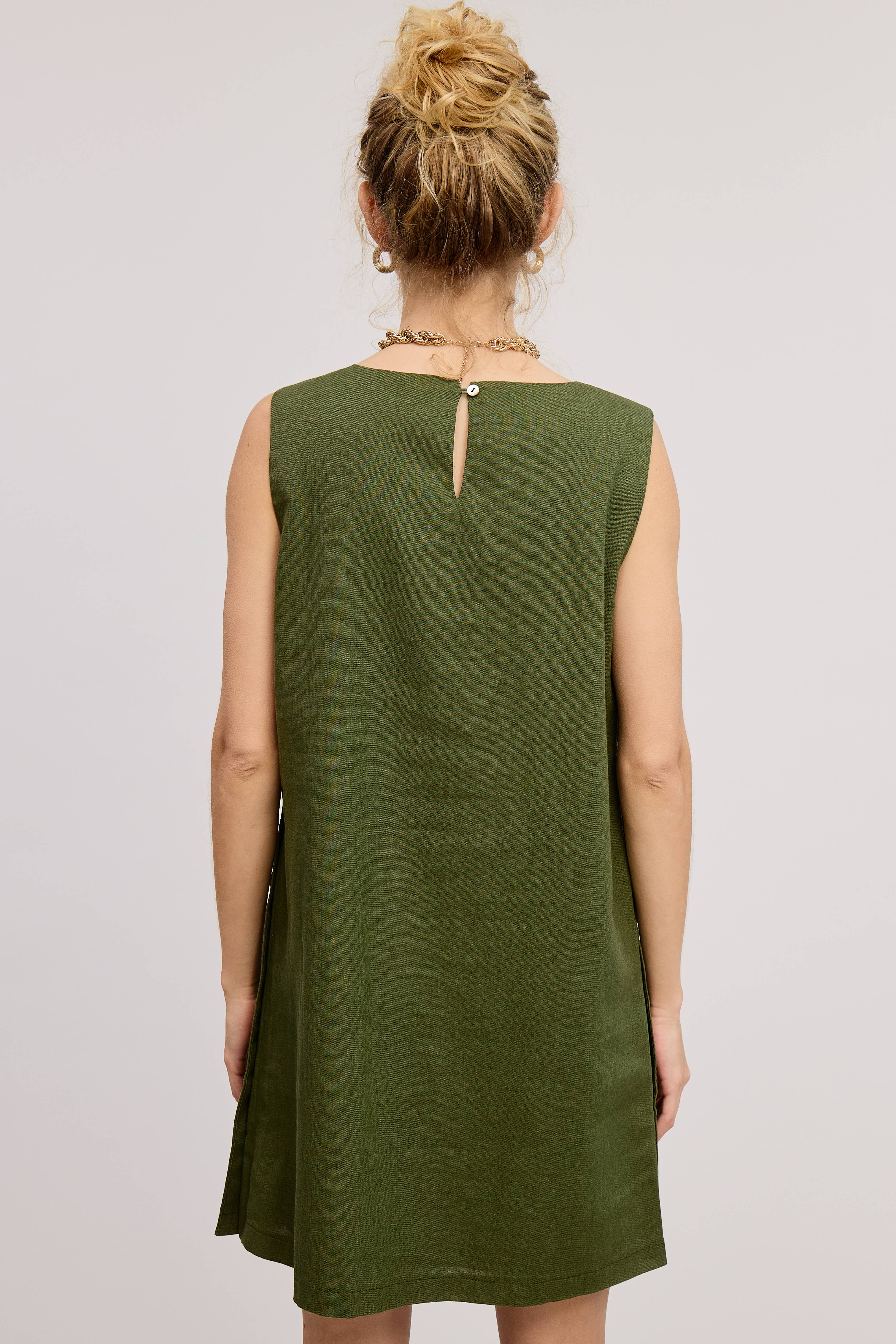 Mimosa - Wholesale Dress - Women's -  Wooden Side Button Detail Sleeveless Linen Mini Dress22