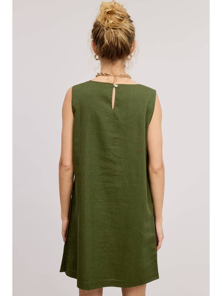 Mimosa - Wholesale Dress - Women's - Wooden Side Button Detail Sleeveless Linen Mini Dress22