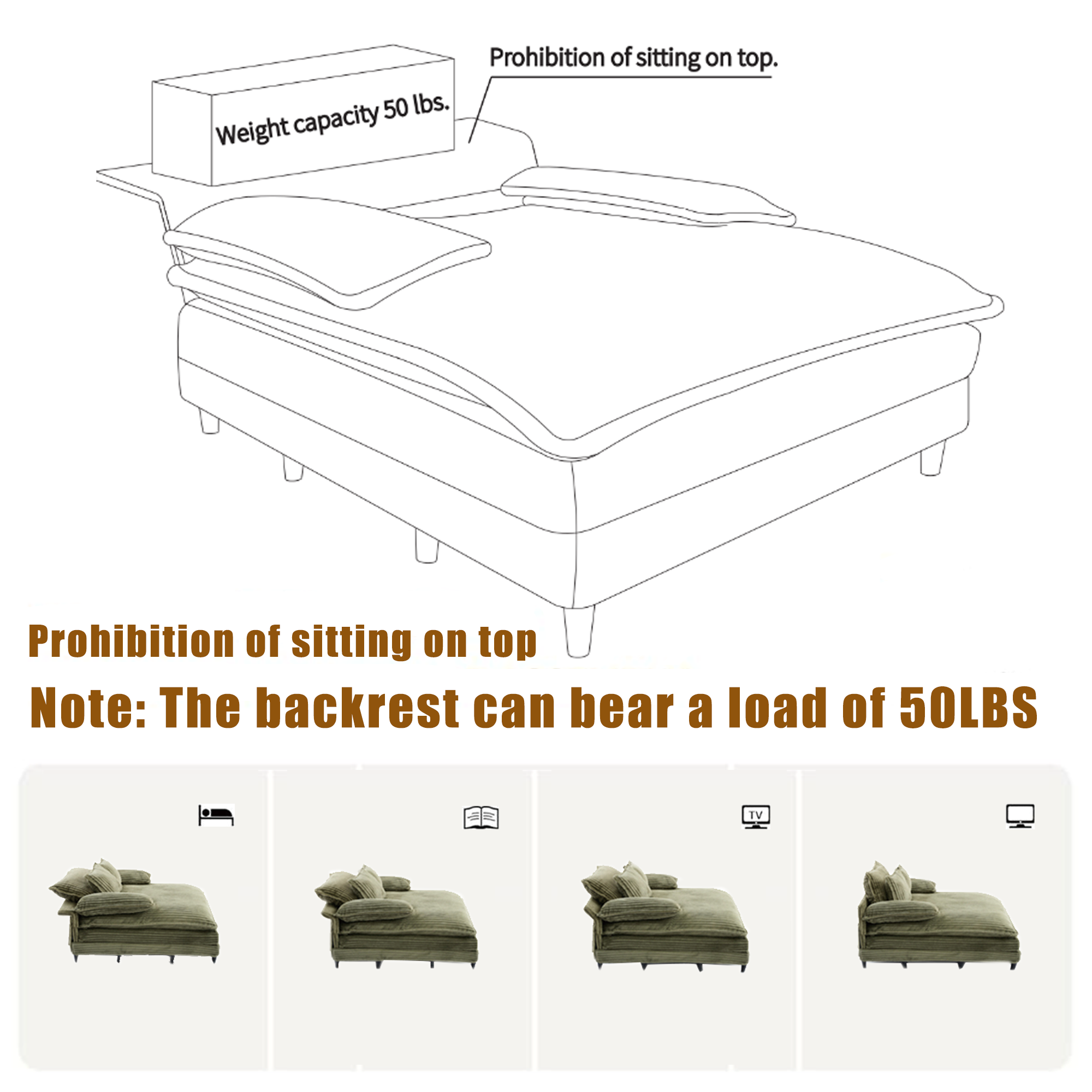 39F Inc. - Wholesale Sofa - NEW 54.75" Green Corduroy Chaise Lounge - 4 Gears, 2 Pillows6