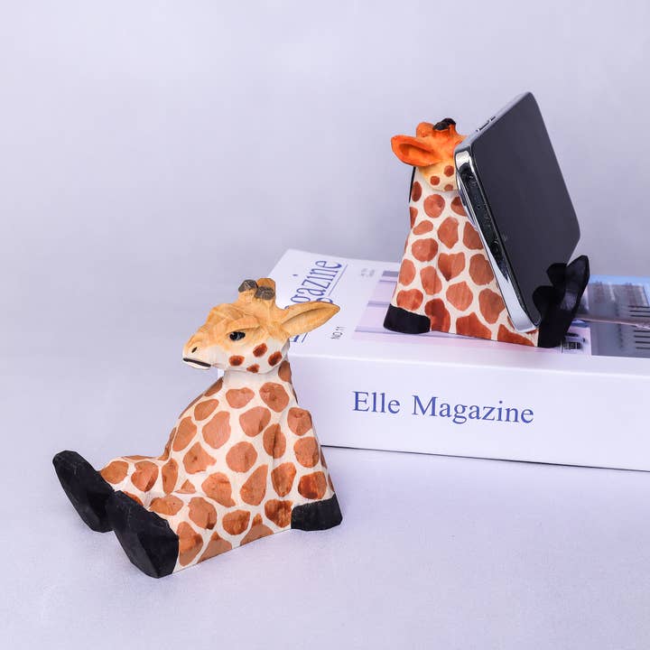 Handmade Wood-Carved Giraffe Cellphone Stand for wholesale by Kitsville