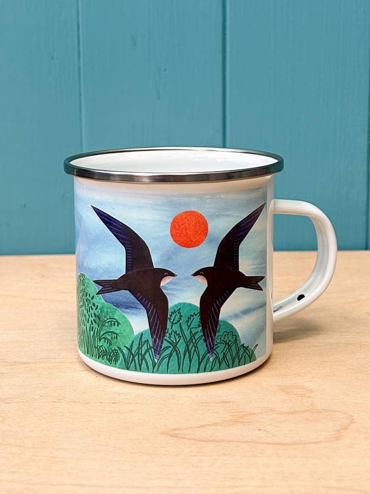 Hand-Printed Swifts Enamel Camping Mug for wholesale by Siobhan Watt