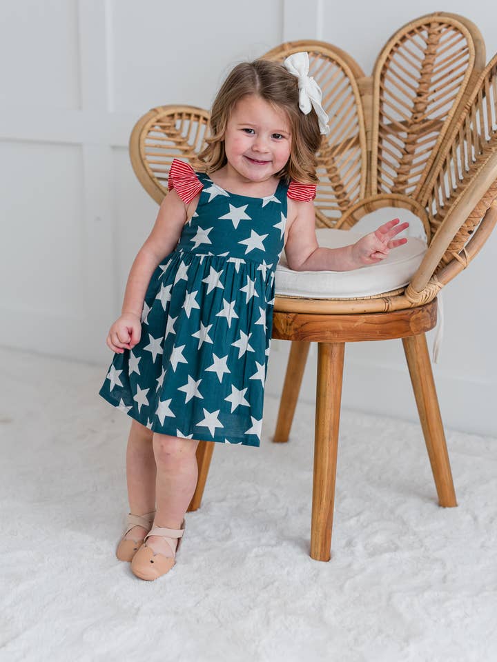 Yo Baby - Wholesale Dress - Kids - Navy Star Print Sleeve Ruffled Gathered Dress : Infant : Baby : Toddler : Tween : Kids