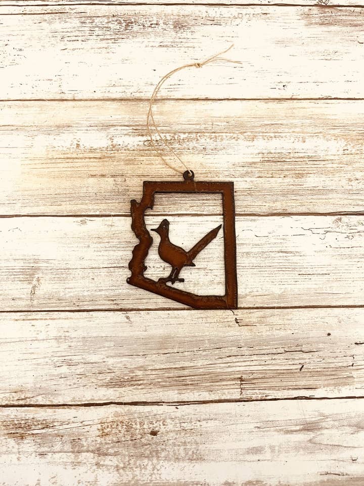 Arizona Outline Ornament with Roadrunner cutout for wholesale by Universal Ironworks USA