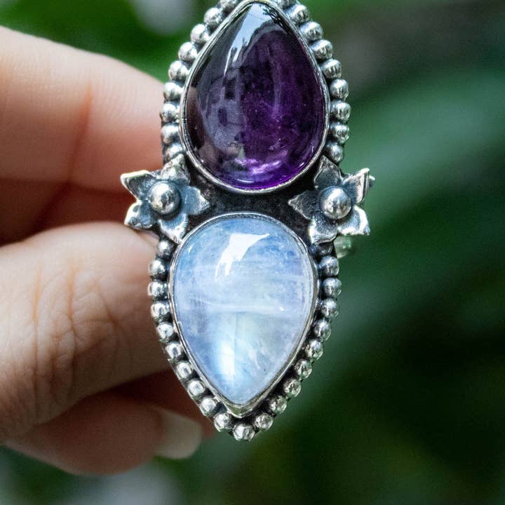 Ambra Jewels – Engroshandel Statementring – Månesten & Ametyst Ring, Blomster Ring, AR-68131