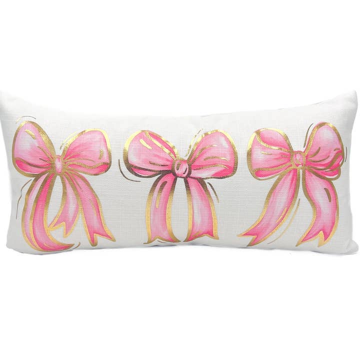 Rachel Brooks Design, LLC - Wholesale Throw/Decorative Pillow - Gold Foil Pink Bows Pillow0
