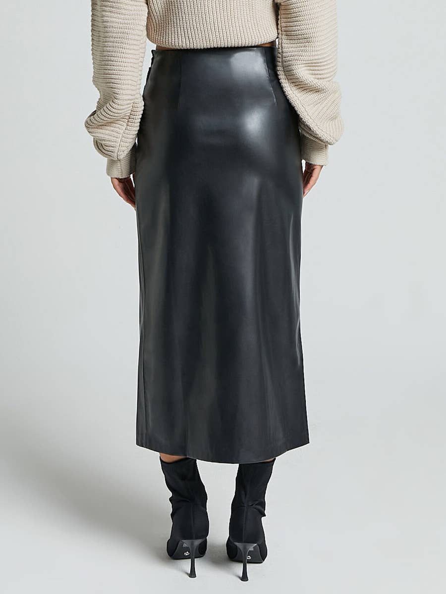 Lily Clothing - Wholesale Skirt - Women's - PU SPLIT LEATHER SKIRT HIGH WAIST ZIPPER SKIRT3