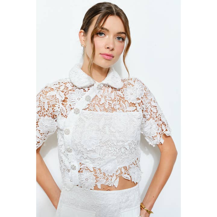 INA - Wholesale Blouse - Women's - Short Sleeve Floral Lace Overlay Crop Top