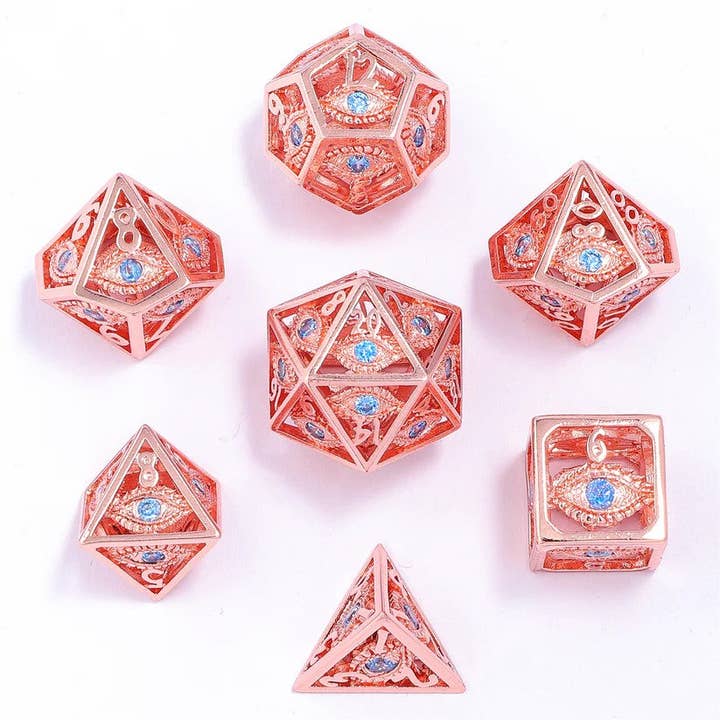 Hy00363 Ensemble de Dés Métalliques Œil de Dragon Creux - Gemmes Bleu Aqua pour la vente par Hymgho Premium Dice