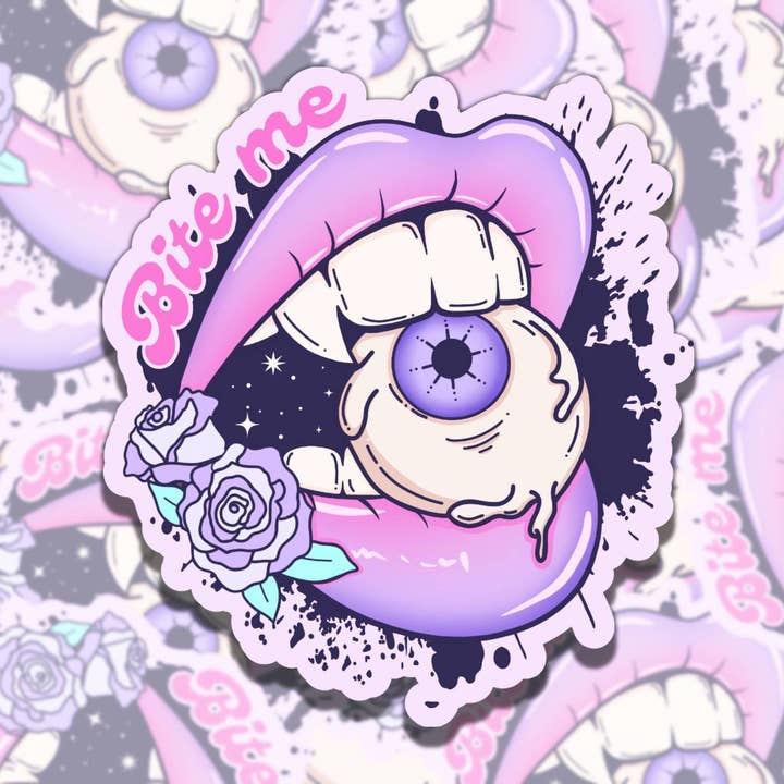 Wasserdichter Vinyl-Aufkleber „Bite Me Vampire Fangs“ für den Großhandel von Sticky Sadness Designs