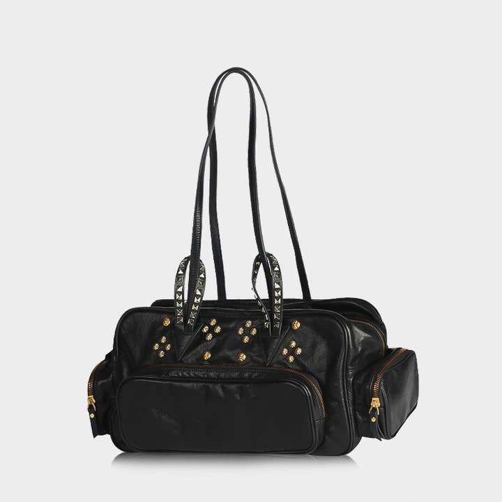 Bolso de Hombro de Bolos de Cuero Flor con Tachuelas - Negro para venta al por mayor de WANACCESSORY