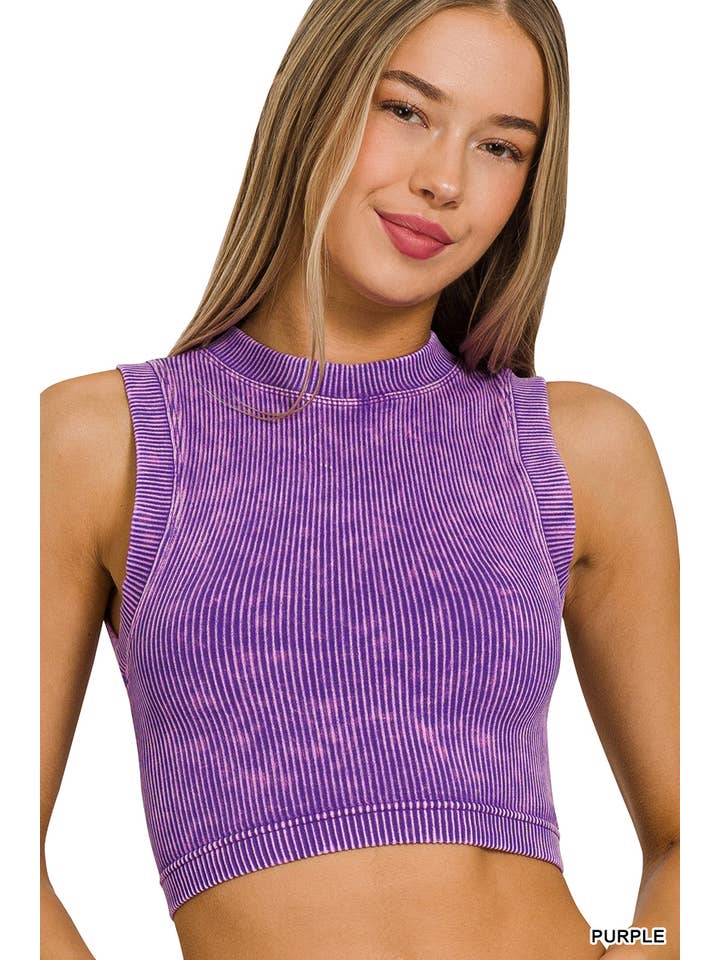 42POPS - Wholesale Tank Top - Women's - ',...._ Washed Ribbed Seamless High neck Crop Tank