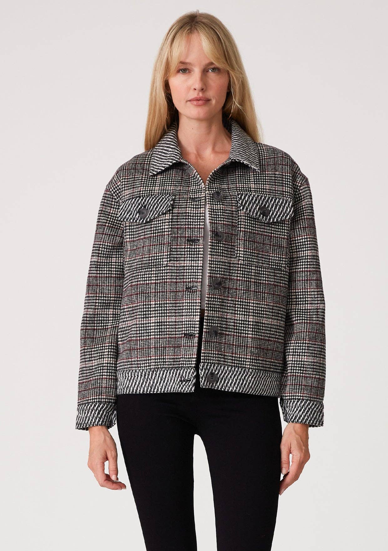 Wine Blk Patchwork Plaid Button Front Collared Jacket for wholesale on Faire