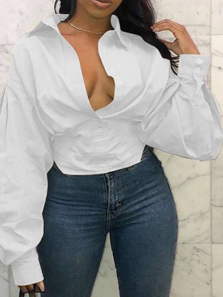 button design solid lantern sleeve top for wholesale by Queen Fashion