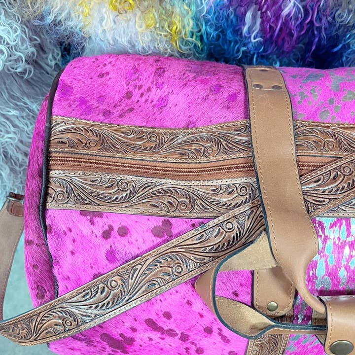 Western Linens - Wholesale Weekender Bag - Women's - Disstressed Tooled Cowhide Duffle Bag