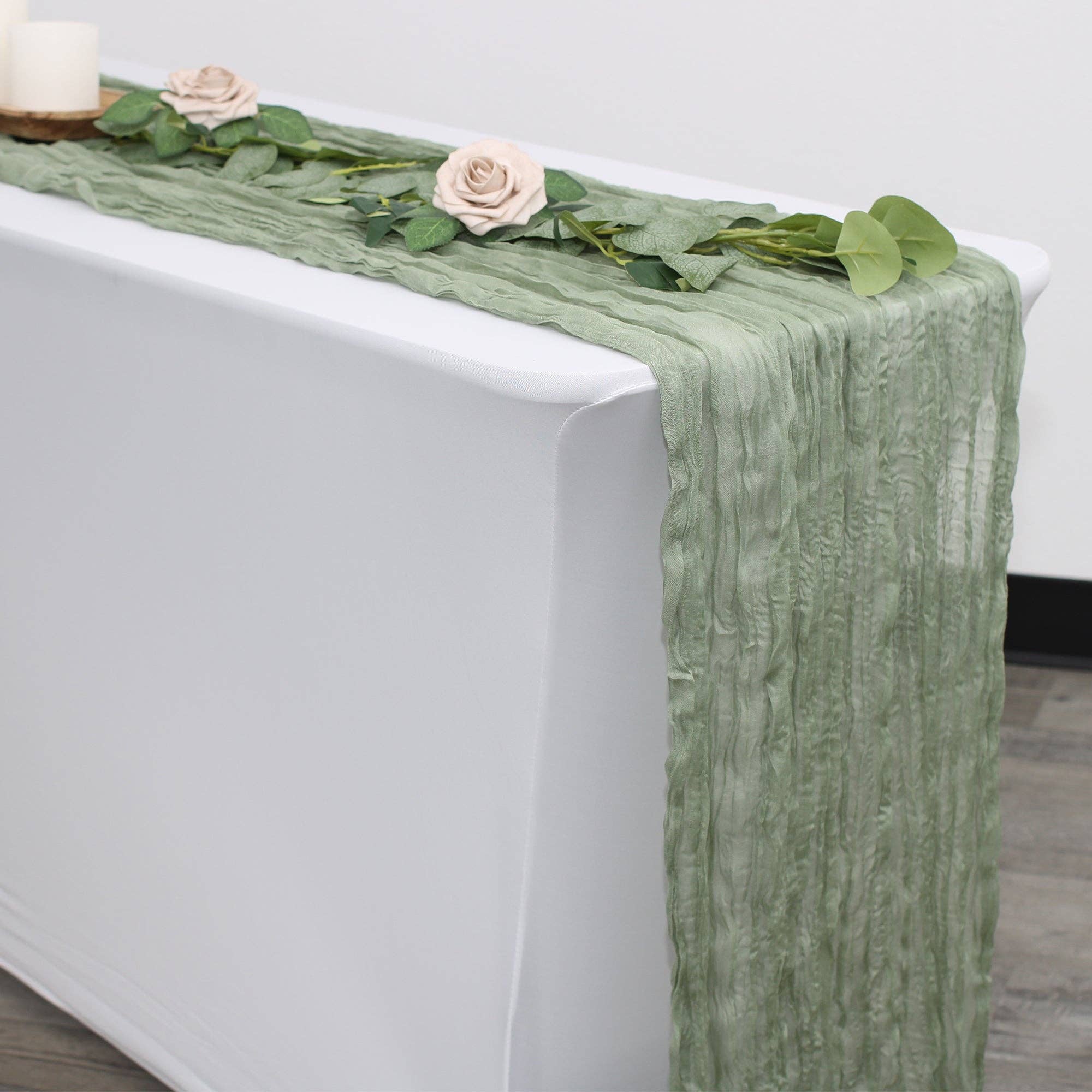 YOUR CHAIR COVERS - Wholesale Table Runner - 35 in X 10 ft Gauze Cheesecloth Table Runner Sage0