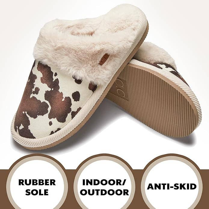 Funky Junque - Vente Chaussons – femme - Pantoufles en peluche - Imprimé vache - Beige2