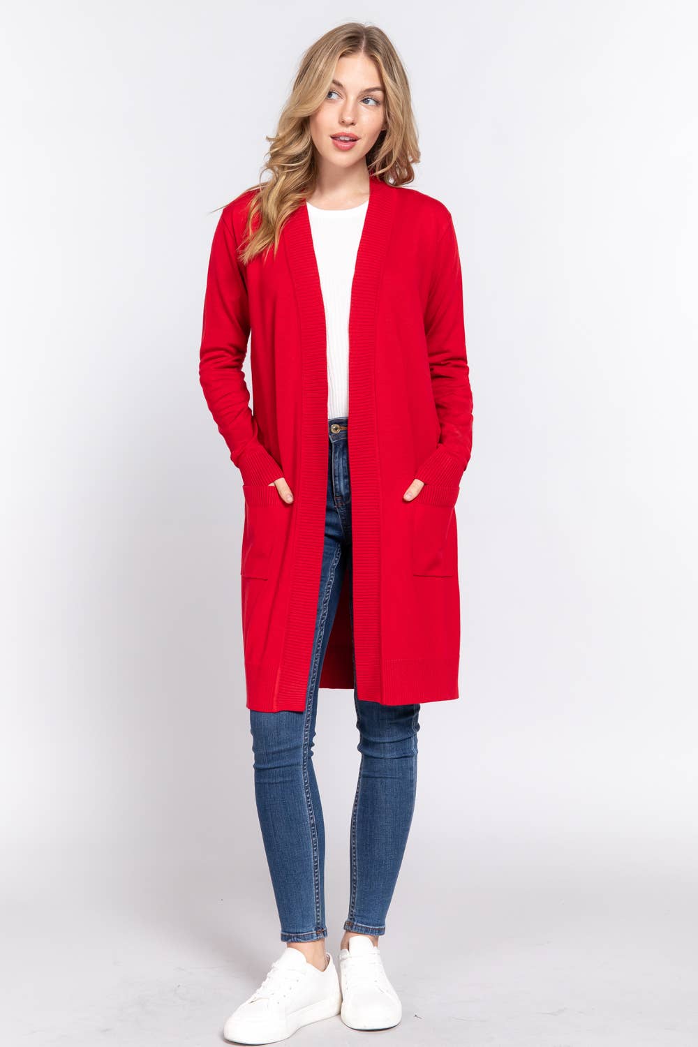 Active Basic | Active USA - Vendita all'ingrosso Cardigan - Donna - Cardigan tunica aperto a costine con maniche lunghe e banda13