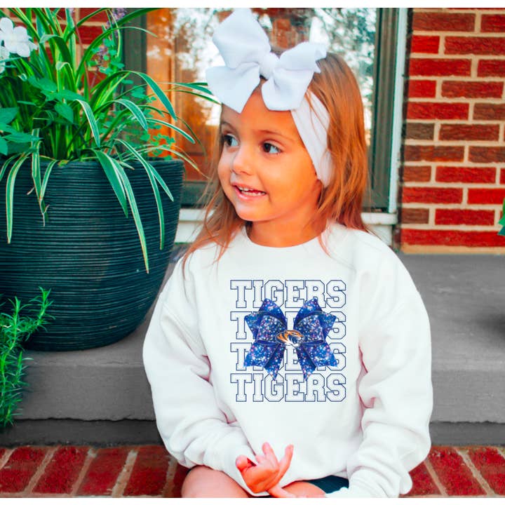 YOUTH Memphis Tigers Faux Glitter Coquette Bow Sweatshirt for wholesale by Gia Gifts Boutique