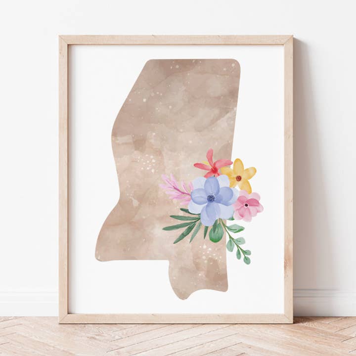 Lámina artística de silueta floral de Mississippi para venta al por mayor de Backstory Map Co.