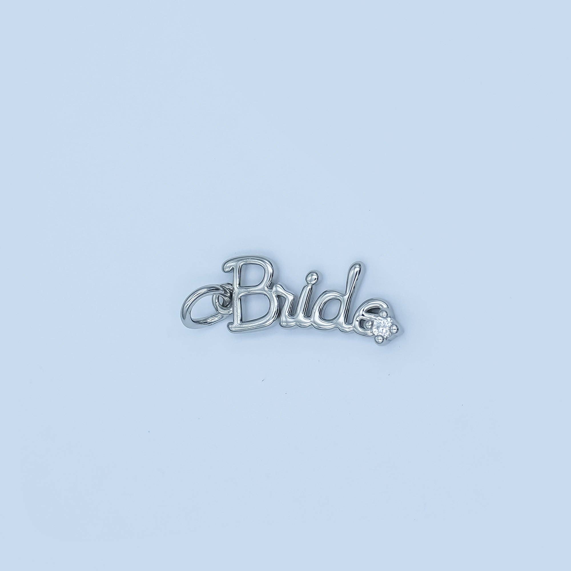 Aim Eternal – wholesale Individual charm/pendant – 24K Gold Filled "Bride" Cursive Script CZ Charm in Gold & Silver | N0917